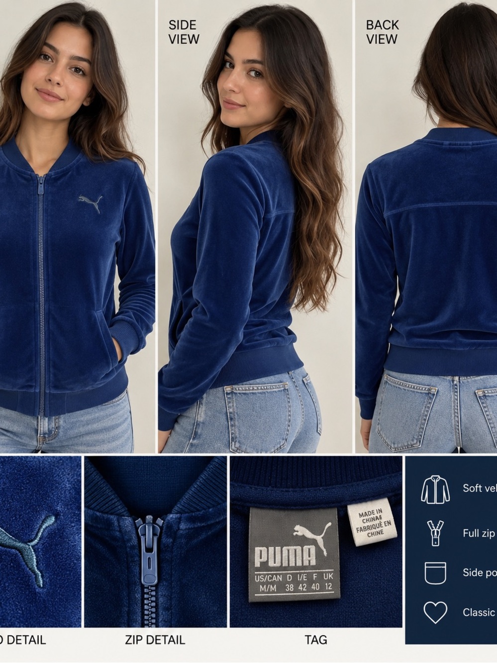 Puma Kids Navy Velour Full-Zip Jacket